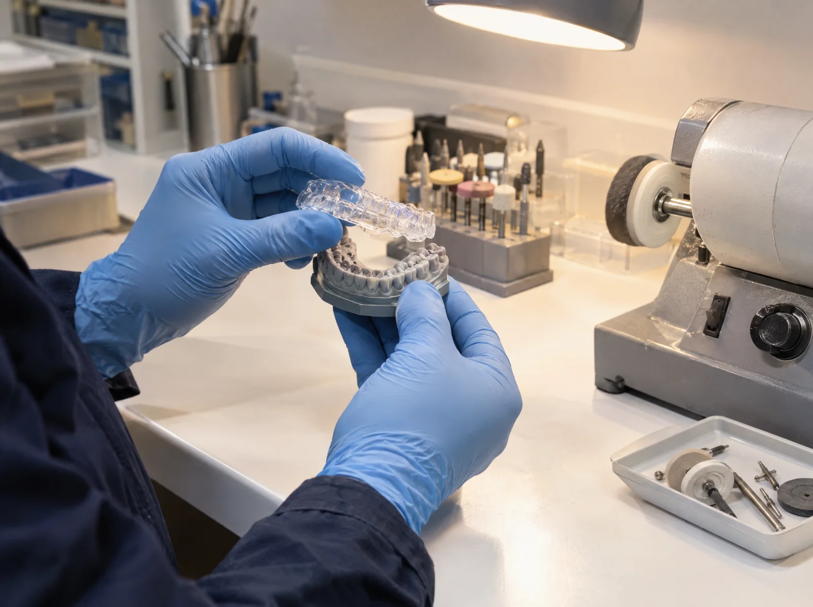 Dental lab technician checking the fit of a clear custom night guard on a dental model in the lab