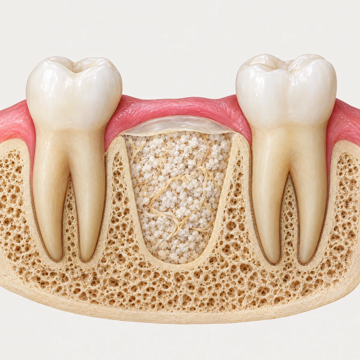 Illustration of a tooth socket filled with bone graft material under a protective membrane, with new bone growing between the graft particles