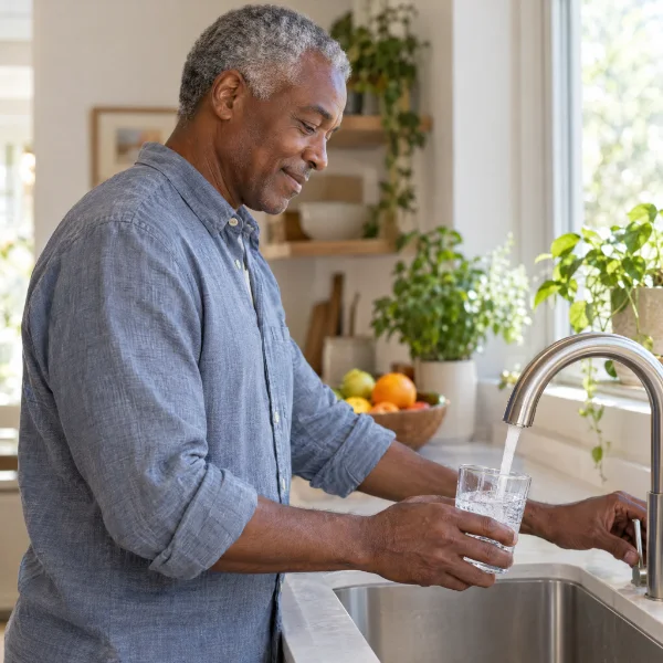 Man filling a glass with water at the kitchen tap