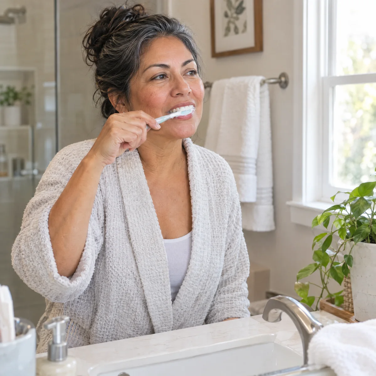 Woman brushing her teeth at the bathroom sink