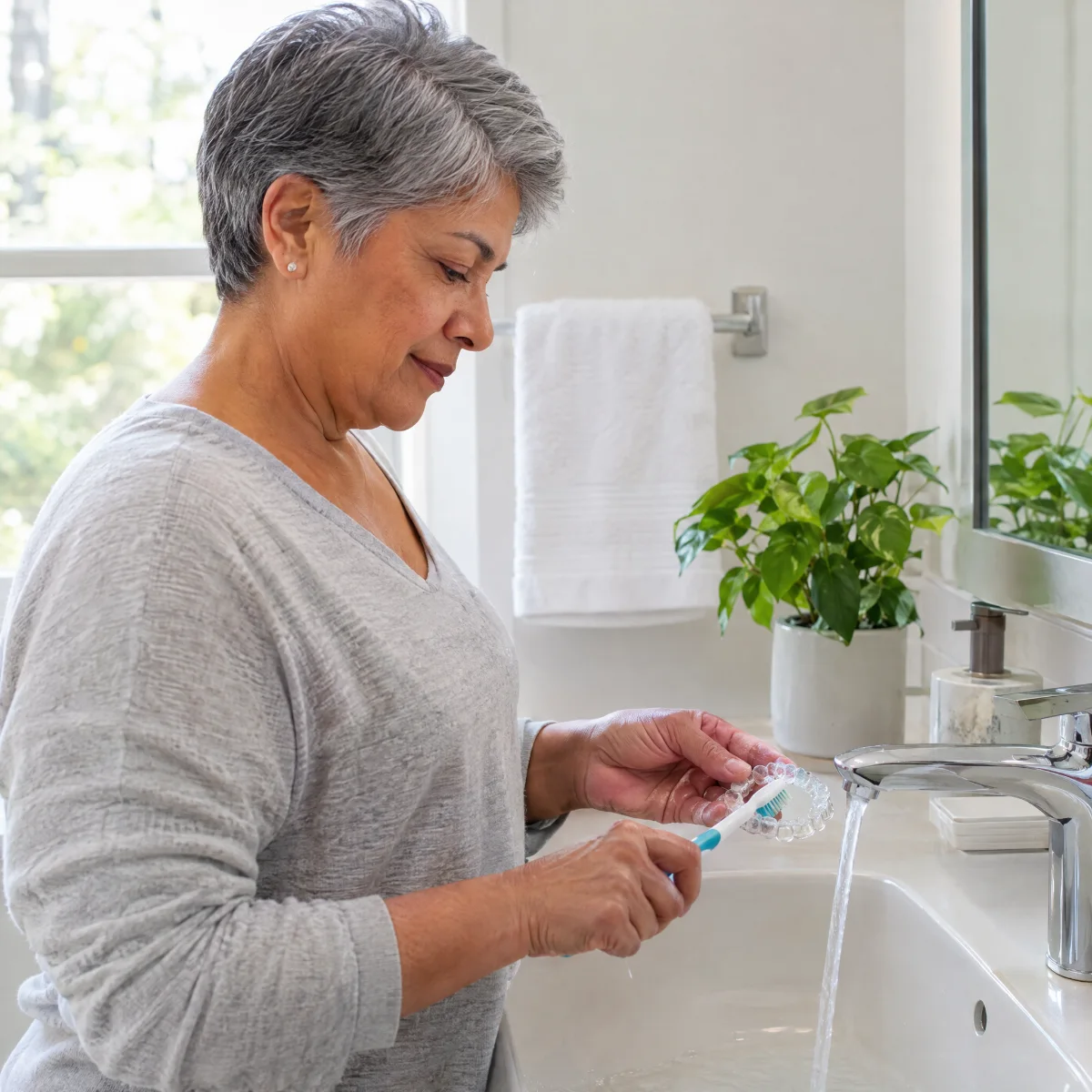 Woman cleaning a clear night guard with a soft brush under running water at the bathroom sink