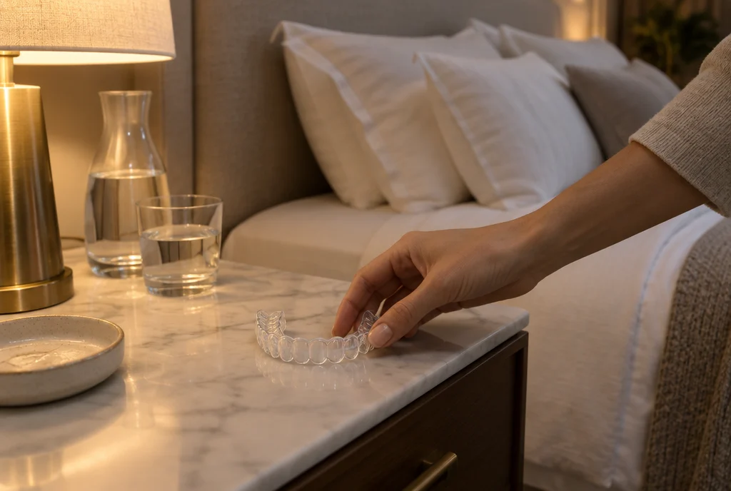Hand setting a clear custom night guard on a bedside nightstand