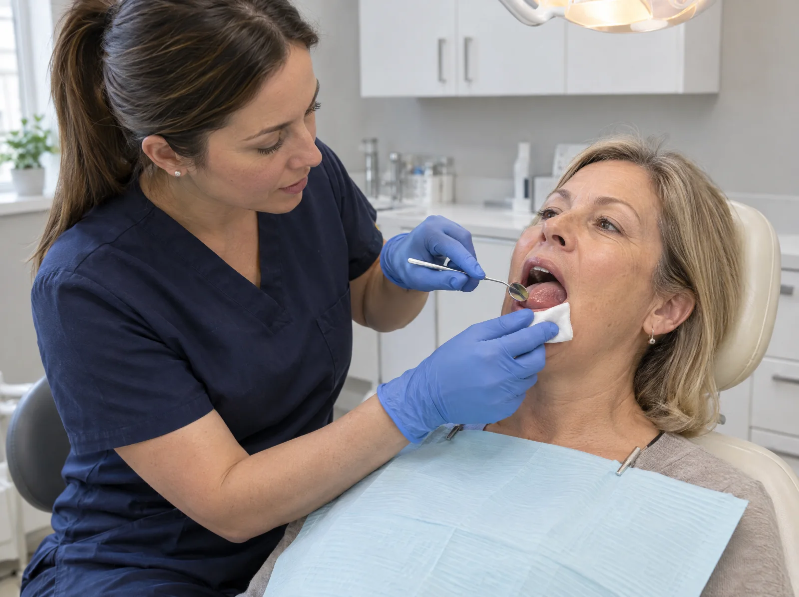 Dental hygienist holding a patient’s tongue to one side with gauze and checking it with a mouth mirror during an oral cancer screening