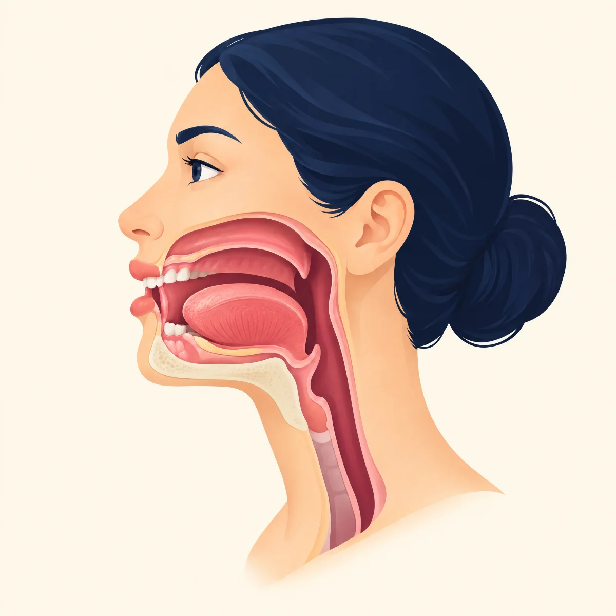 Illustration of the head and neck from the side, showing the lips, tongue, floor of the mouth, roof of the mouth and throat