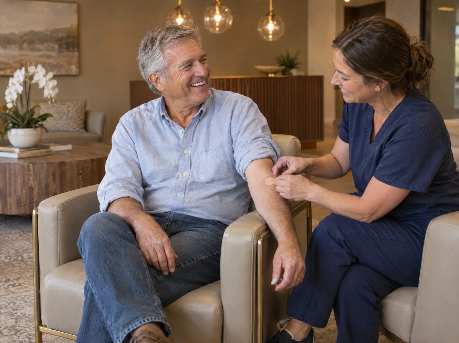 Team member placing a small bandage on a man’s arm after a quick blood draw in a dental office lounge