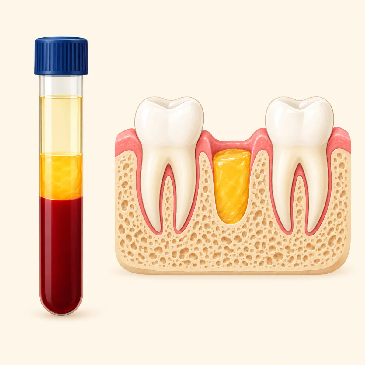 Illustration of a blood tube separated into layers beside a tooth socket filled with golden platelet-rich fibrin
