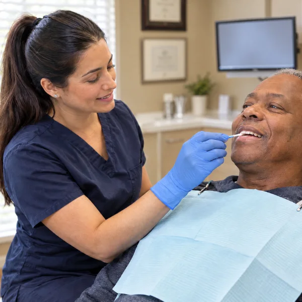 Dental hygienist applying a fluoride treatment to a patient’s teeth